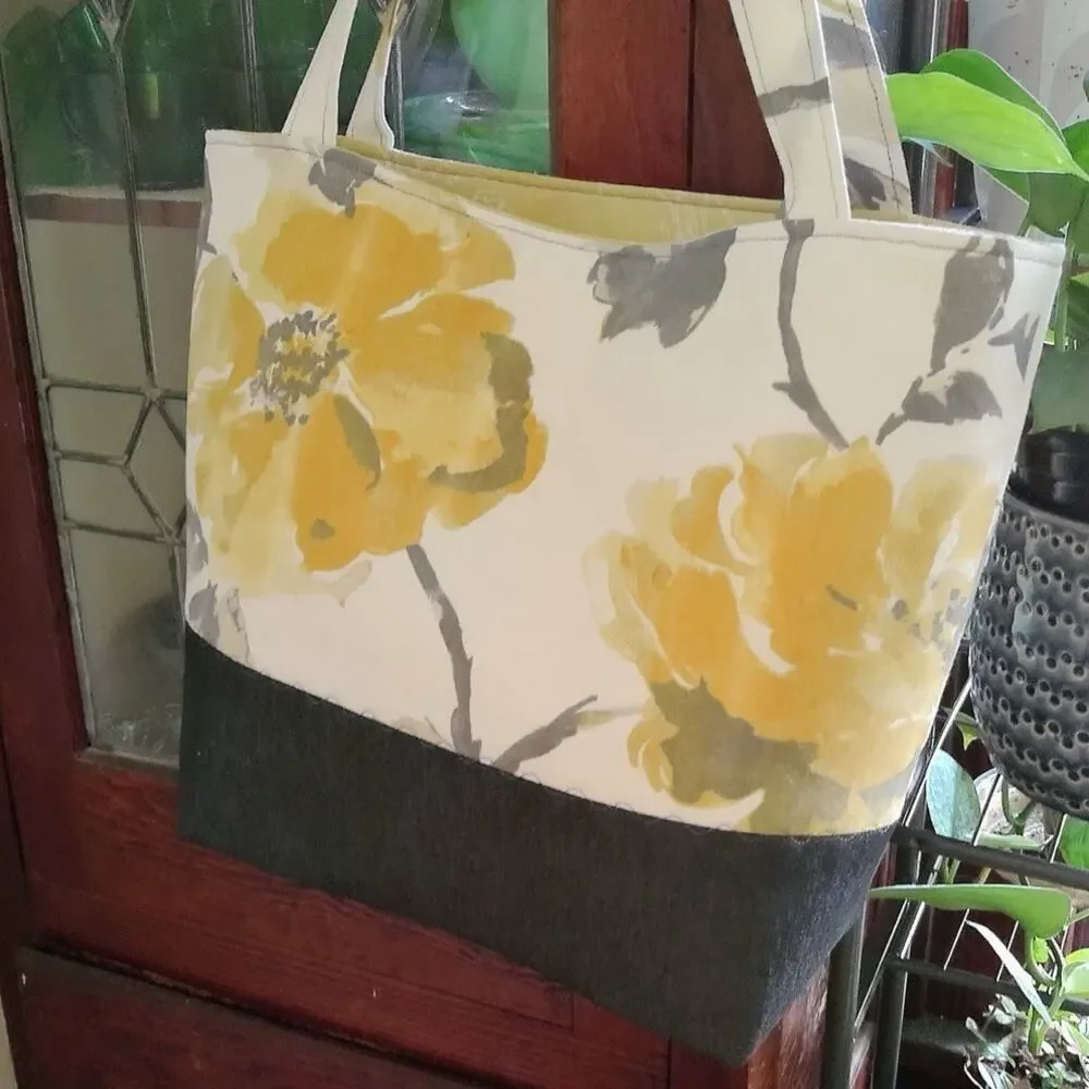 Handcrafted Fabric Purse Cream Artisan Carryall Tote Floral Denim Shoulder Bag
